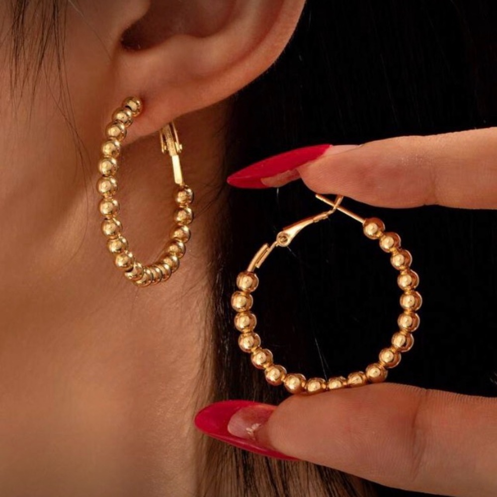 Gold Beaded Hoop Earrings - Women Jewelry
